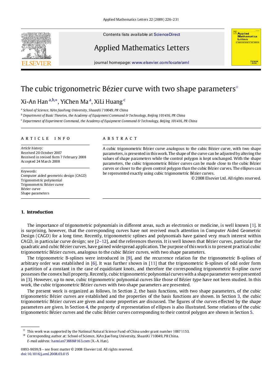 The cubic trigonometric Bézier curve with two shape parameters 