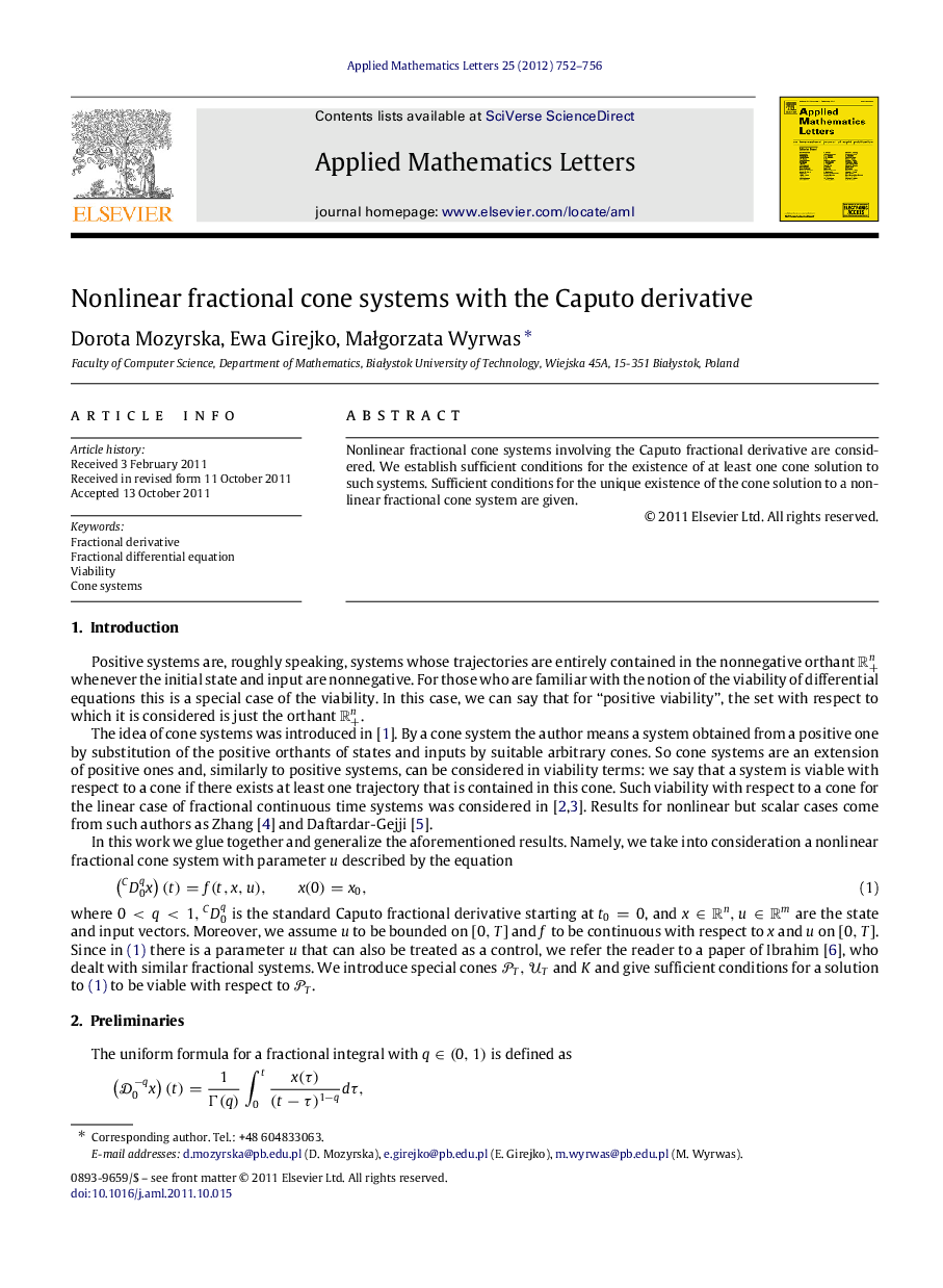 Nonlinear fractional cone systems with the Caputo derivative