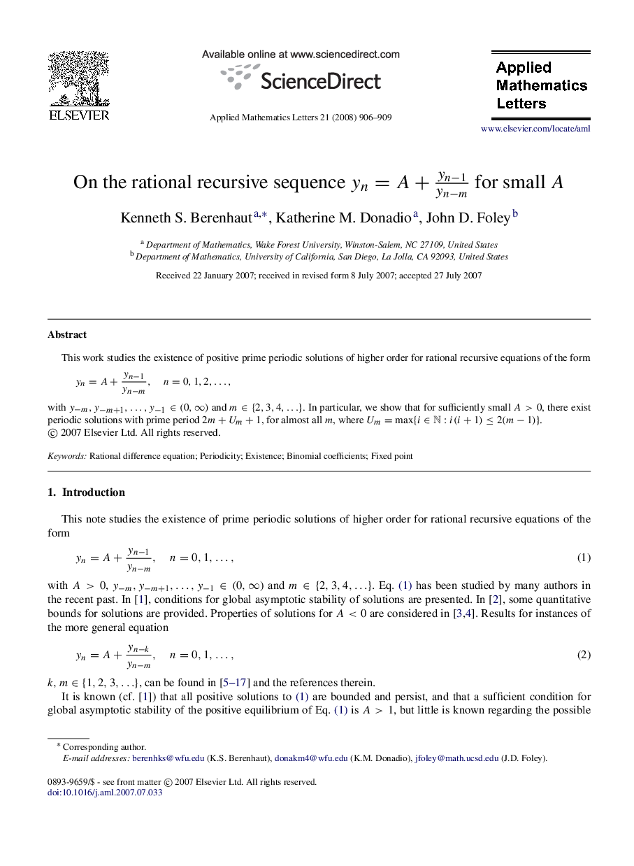 On the rational recursive sequence yn=A+yn−1yn−m for small AA