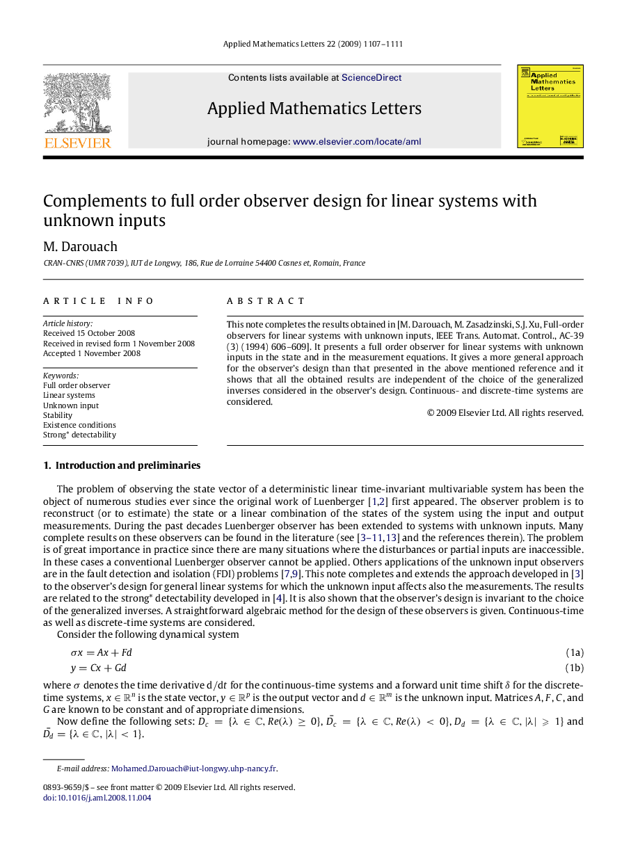 Complements to full order observer design for linear systems with unknown inputs