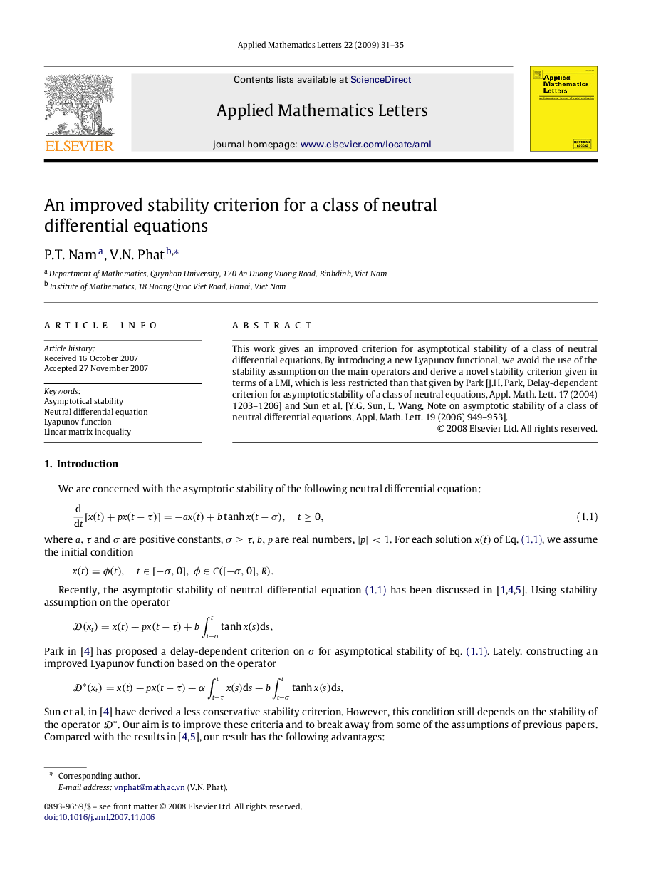 An improved stability criterion for a class of neutral differential equations