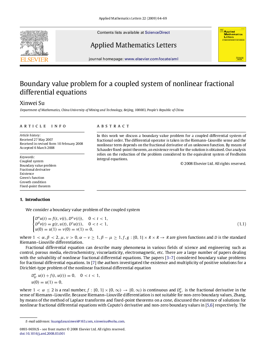 Boundary value problem for a coupled system of nonlinear fractional differential equations