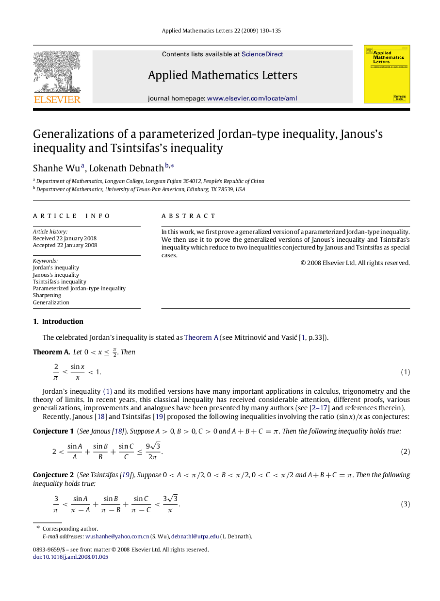 عکس صفحه اول مقاله: Generalizations of a parameterized Jordan-type inequality, Janous’s inequality and Tsintsifas’s inequality Generalizations of a parameterized Jordan-type inequality, Janous’s inequality and Tsintsifas’s inequality