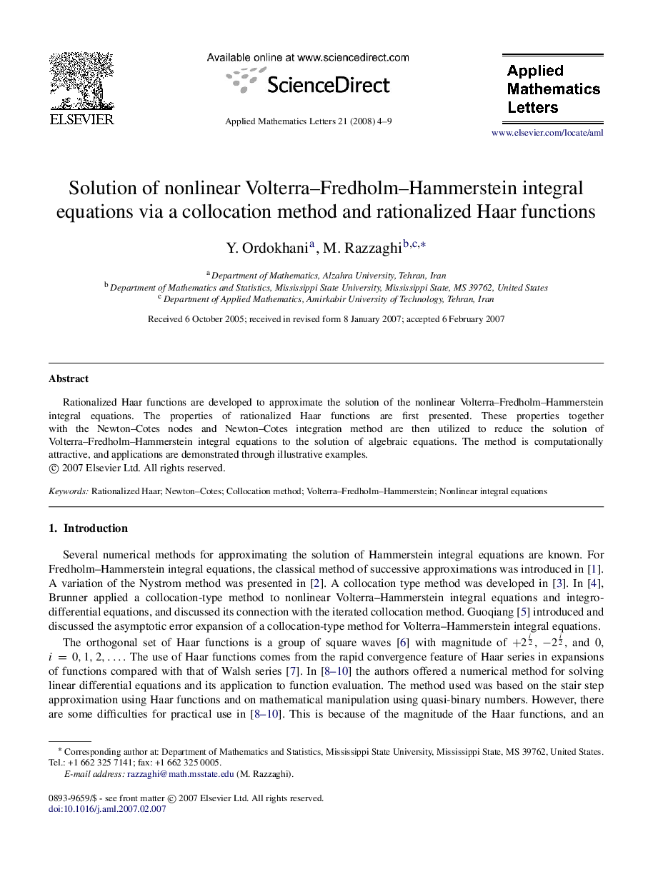 Solution of nonlinear Volterra–Fredholm–Hammerstein integral equations via a collocation method and rationalized Haar functions