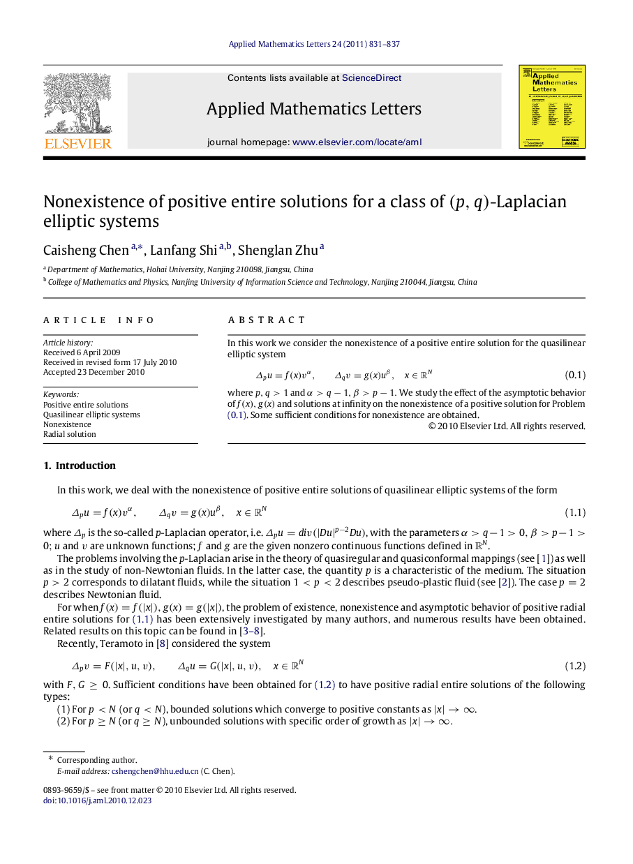 Nonexistence of positive entire solutions for a class of (p,q)(p,q)-Laplacian elliptic systems