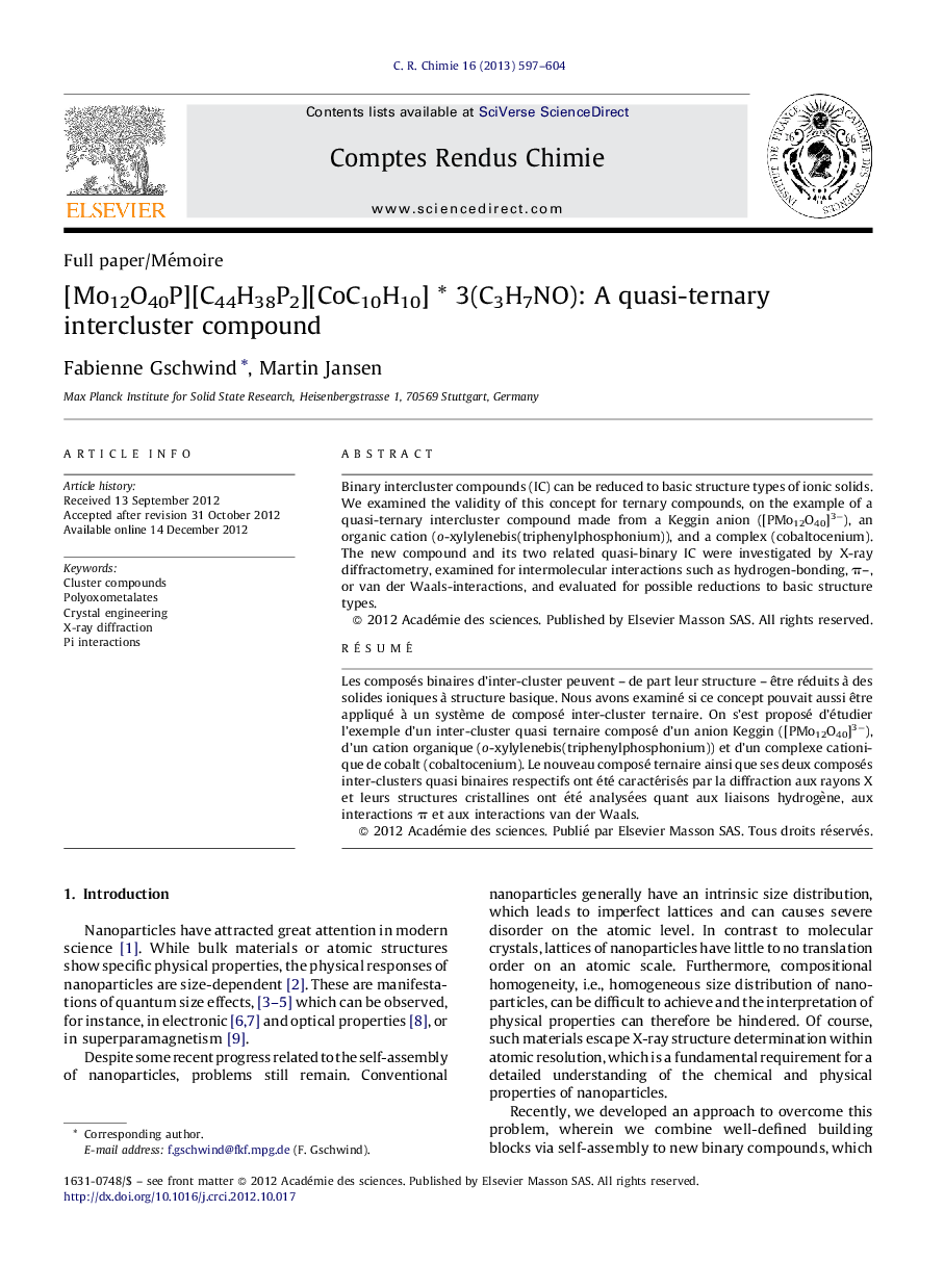 [Mo12O40P][C44H38P2][CoC10H10] * 3(C3H7NO): A quasi-ternary intercluster compound