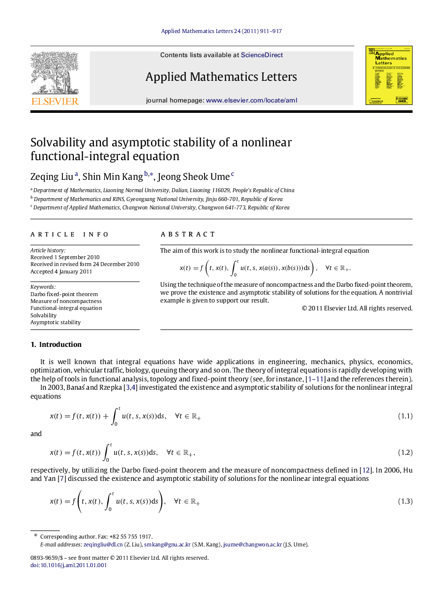 عکس صفحه اول مقاله: Solvability and asymptotic stability of a nonlinear functional-integral equation Solvability and asymptotic stability of a nonlinear functional-integral equation