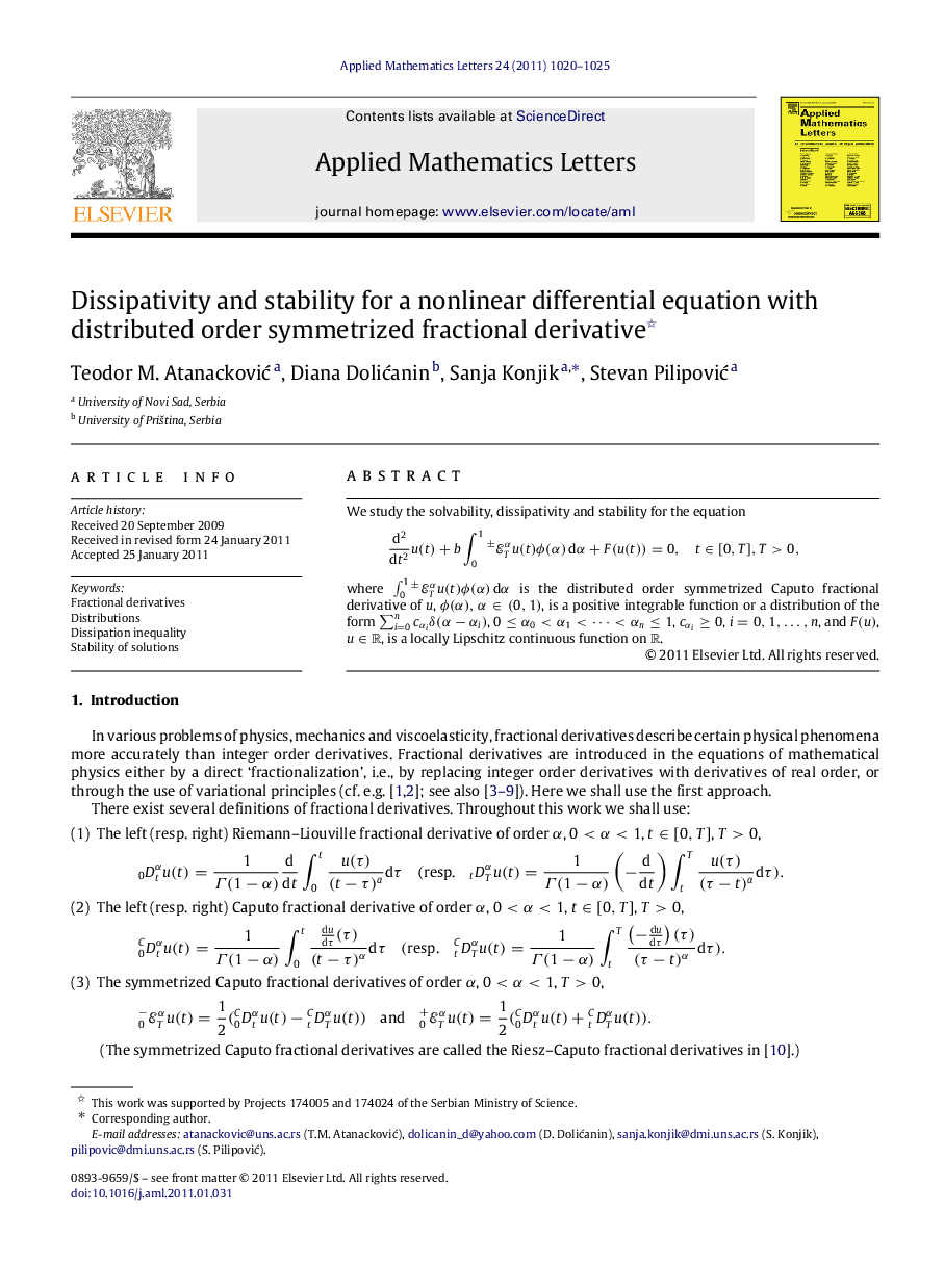 Dissipativity and stability for a nonlinear differential equation with distributed order symmetrized fractional derivative 