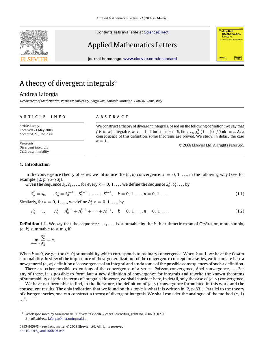 A theory of divergent integrals 