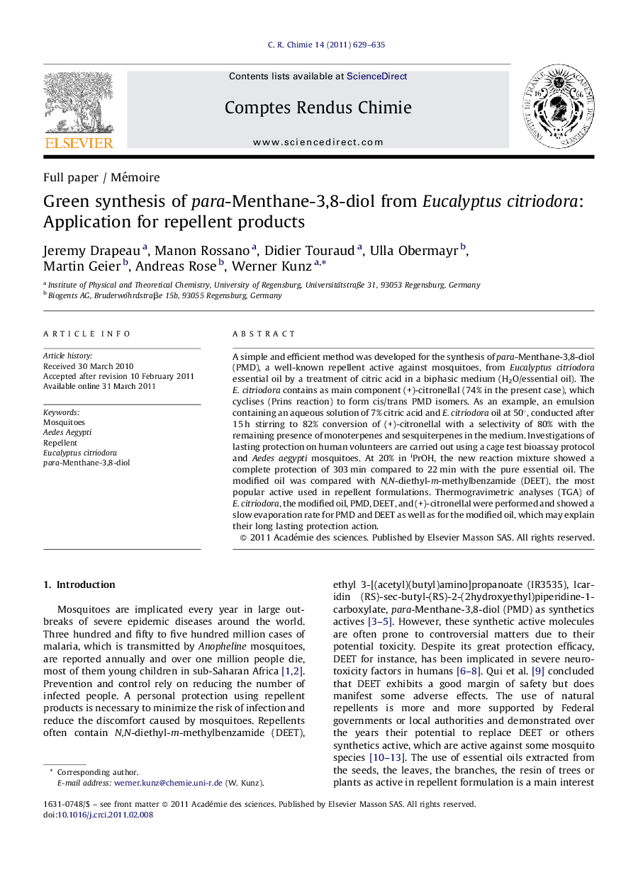 Green synthesis of para-Menthane-3,8-diol from Eucalyptus citriodora: Application for repellent products