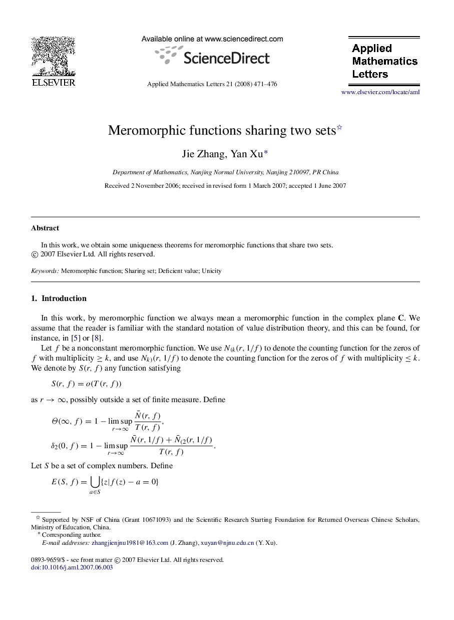 Meromorphic functions sharing two sets 