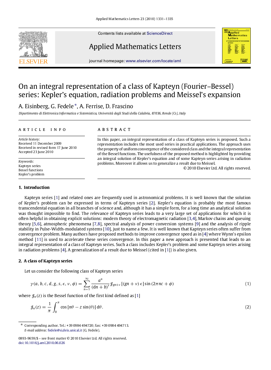 On an integral representation of a class of Kapteyn (Fourier–Bessel) series: Kepler’s equation, radiation problems and Meissel’s expansion