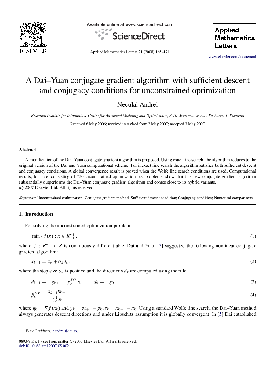 A Dai–Yuan conjugate gradient algorithm with sufficient descent and conjugacy conditions for unconstrained optimization