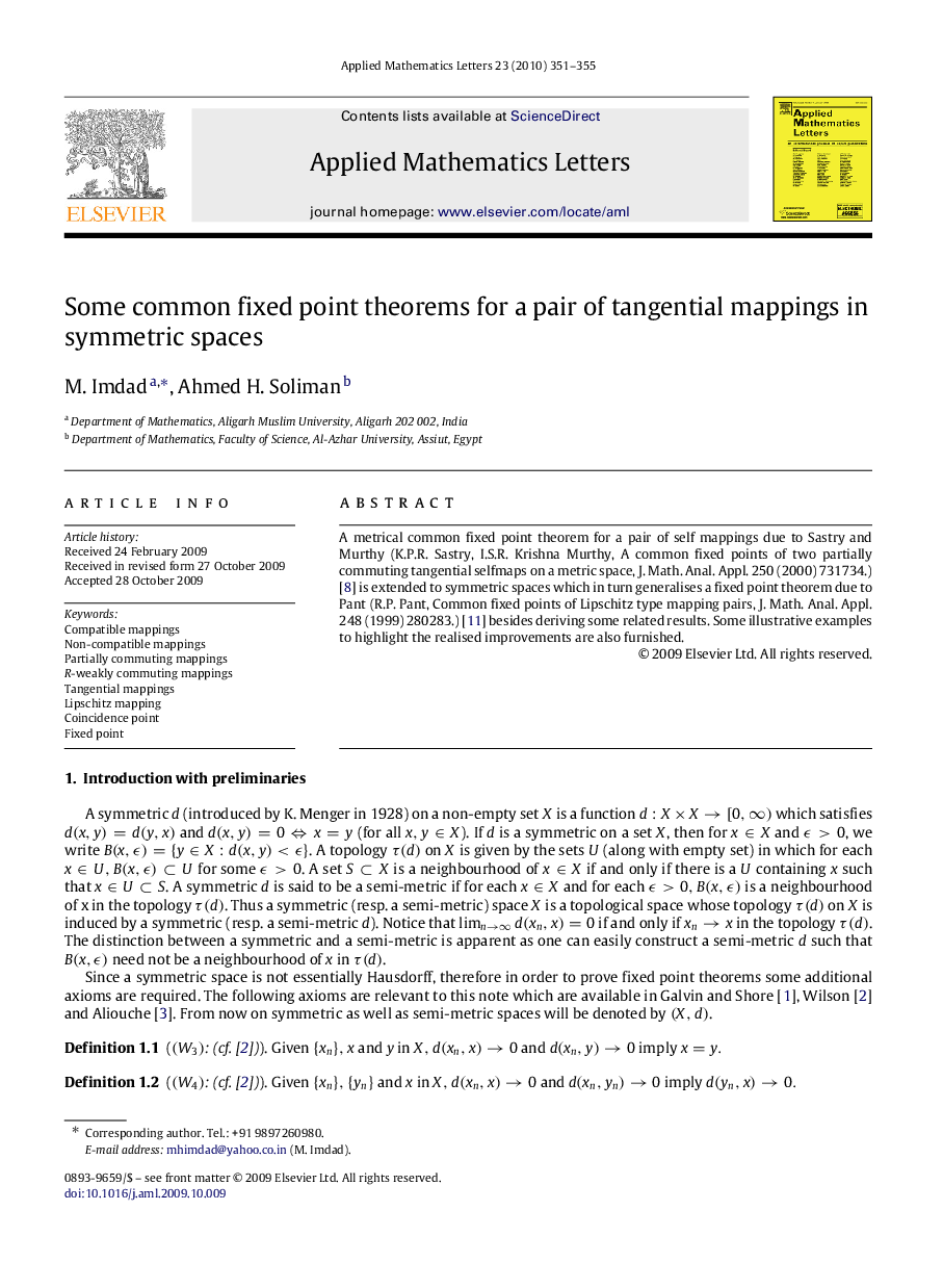 Some common fixed point theorems for a pair of tangential mappings in symmetric spaces