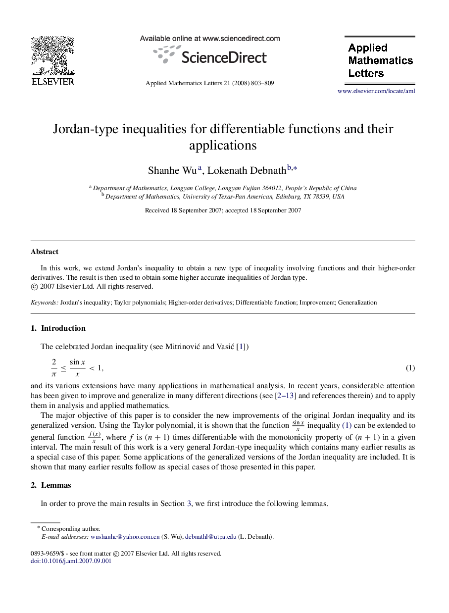Jordan-type inequalities for differentiable functions and their applications