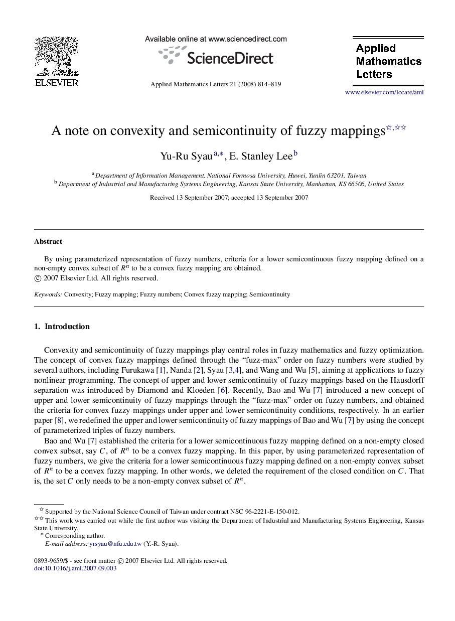 A note on convexity and semicontinuity of fuzzy mappings 