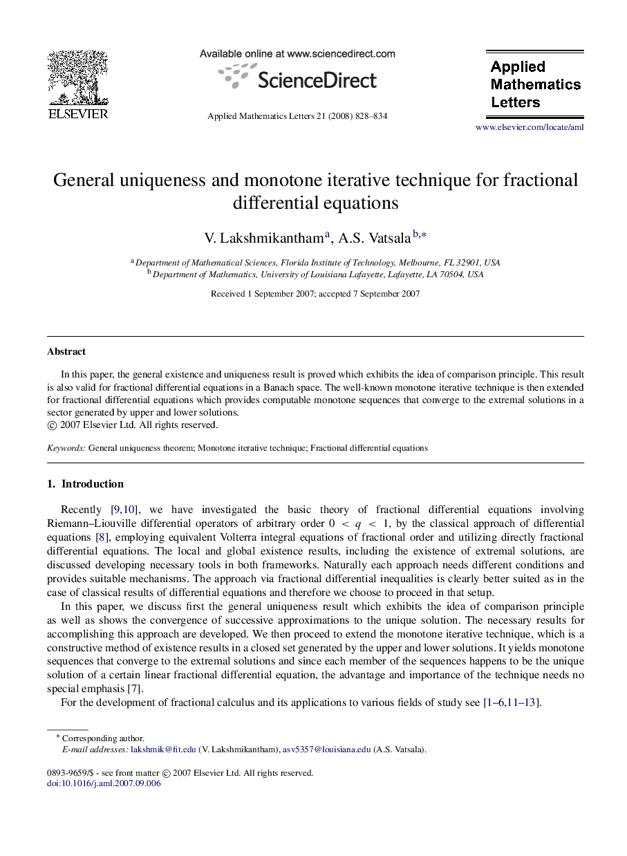General uniqueness and monotone iterative technique for fractional differential equations