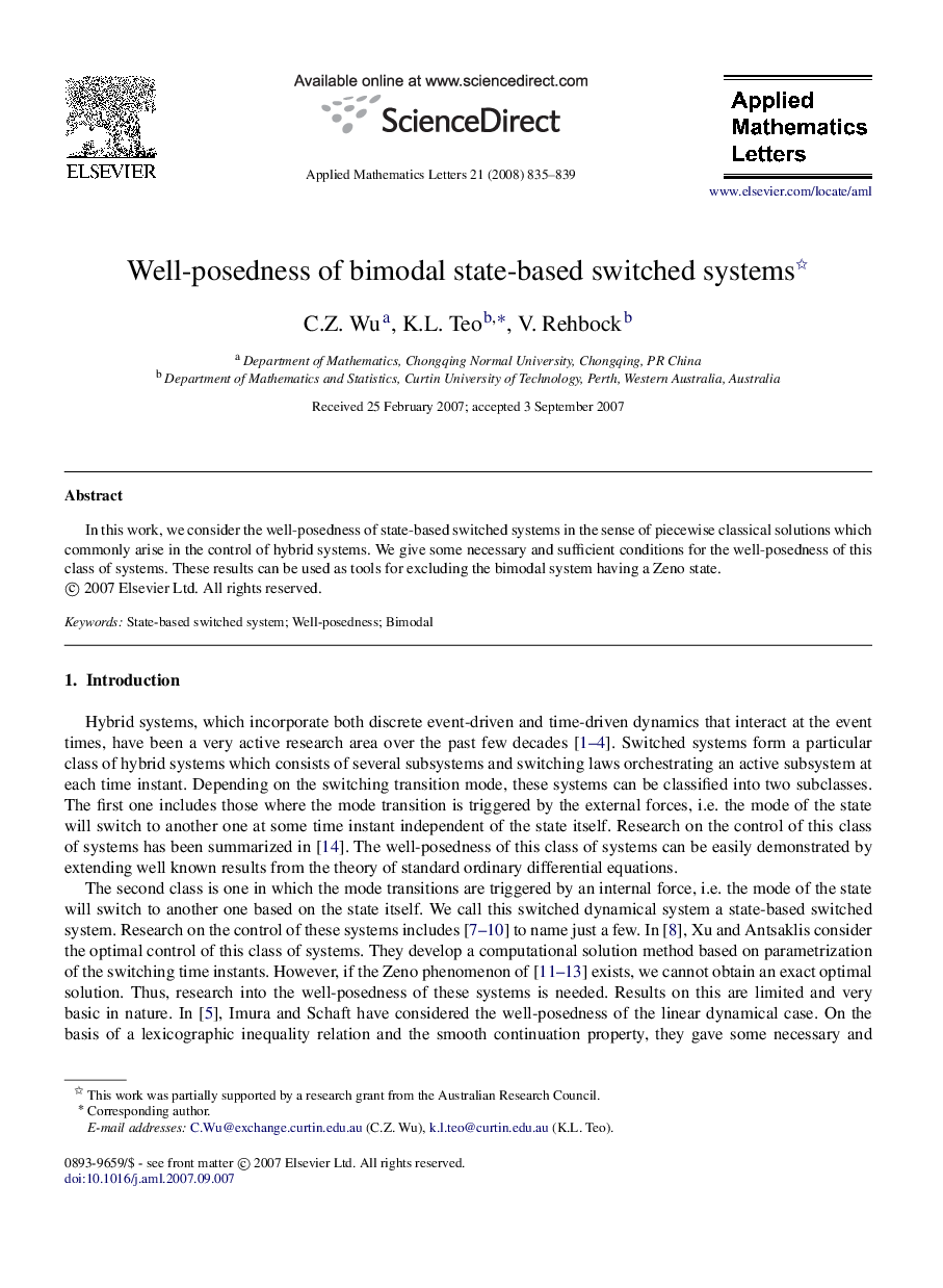 Well-posedness of bimodal state-based switched systems 