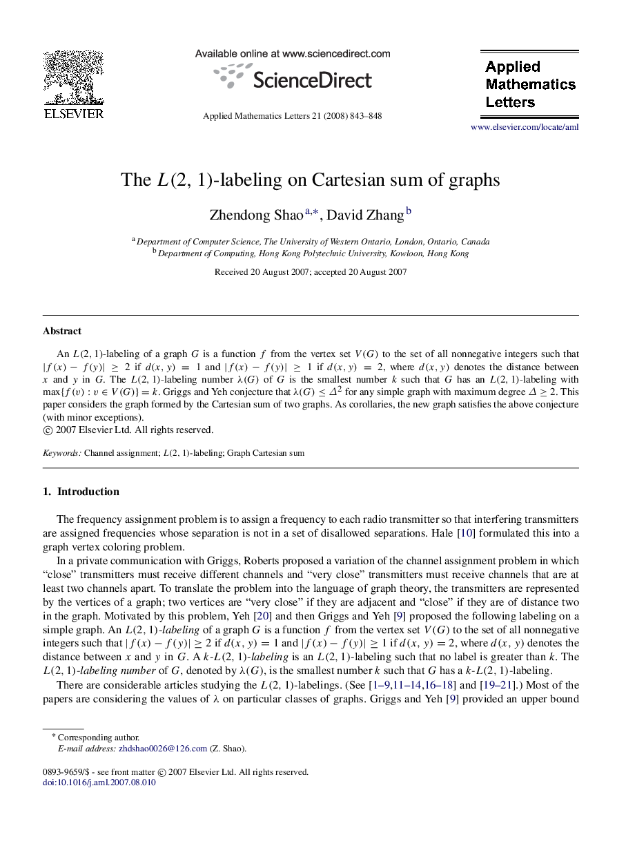The L(2,1)L(2,1)-labeling on Cartesian sum of graphs