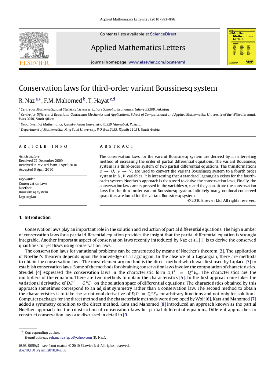 Conservation laws for third-order variant Boussinesq system