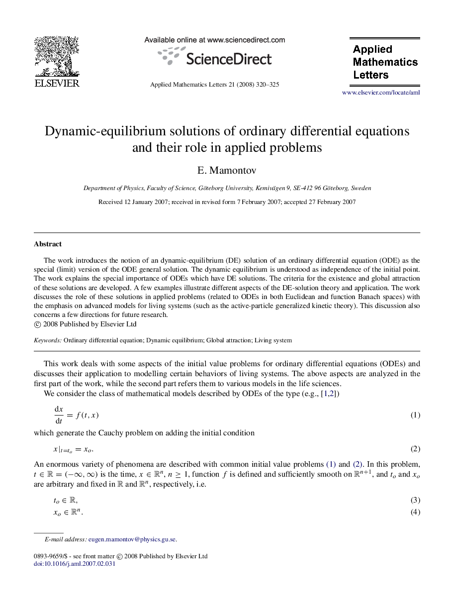 Dynamic-equilibrium solutions of ordinary differential equations and their role in applied problems