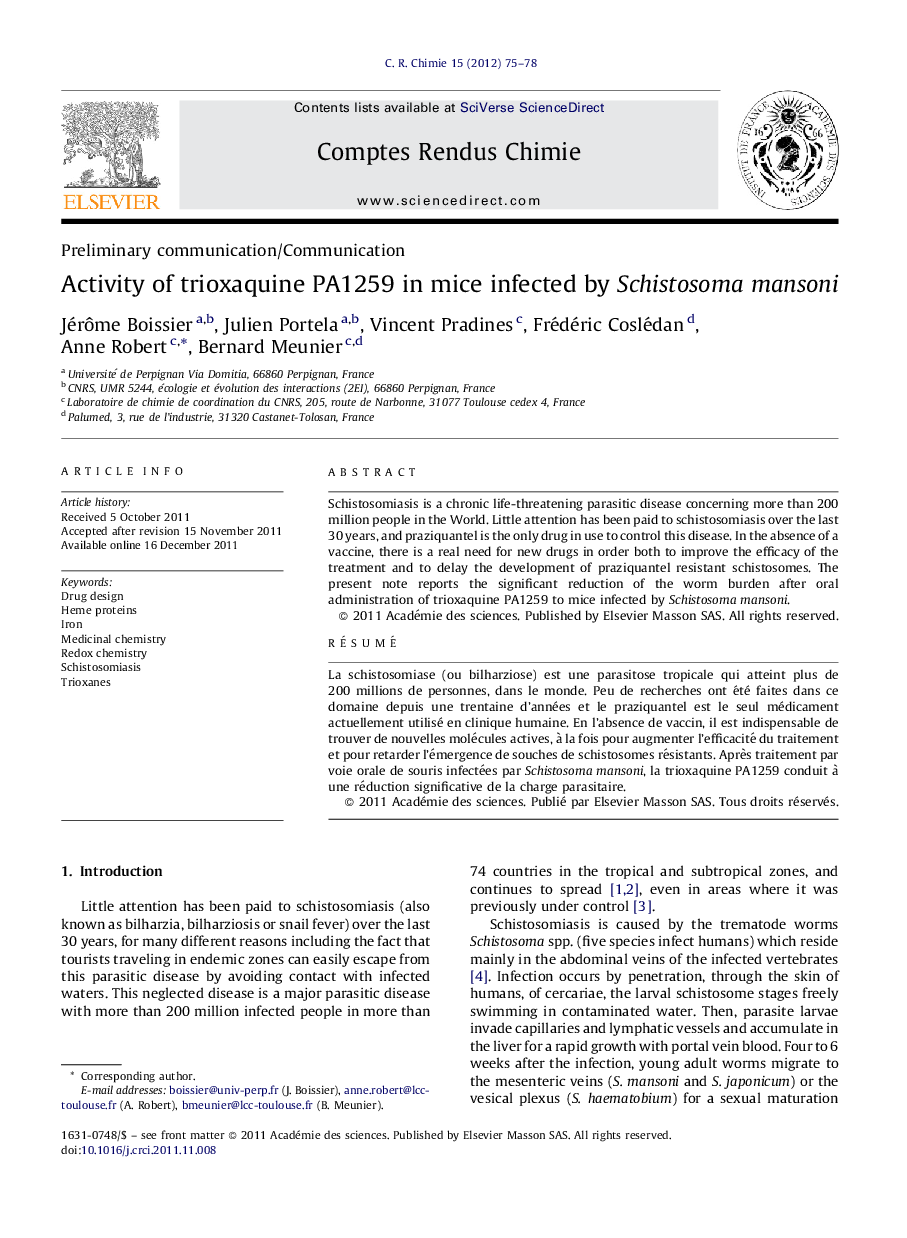 Activity of trioxaquine PA1259 in mice infected by Schistosoma mansoni