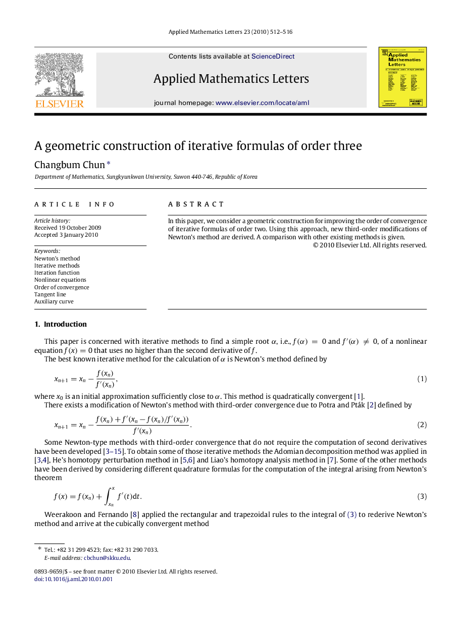 A geometric construction of iterative formulas of order three