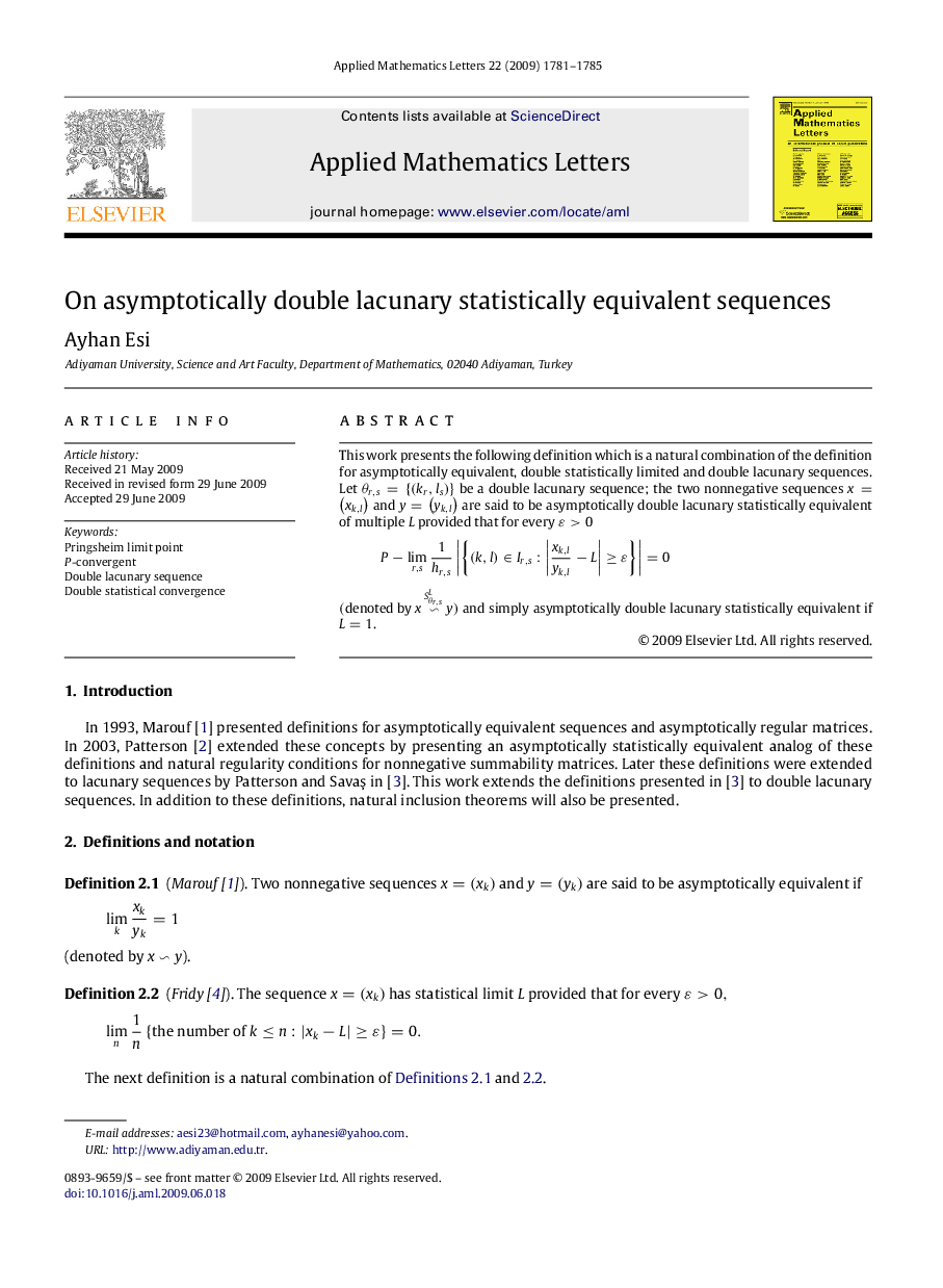 عکس صفحه اول مقاله: On asymptotically double lacunary statistically equivalent sequences On asymptotically double lacunary statistically equivalent sequences