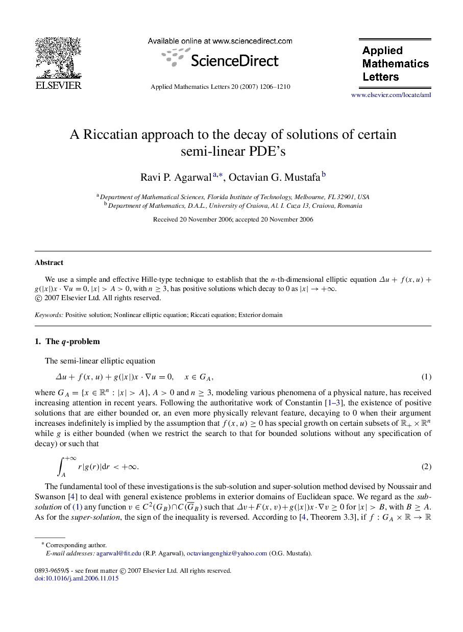 A Riccatian approach to the decay of solutions of certain semi-linear PDE’s