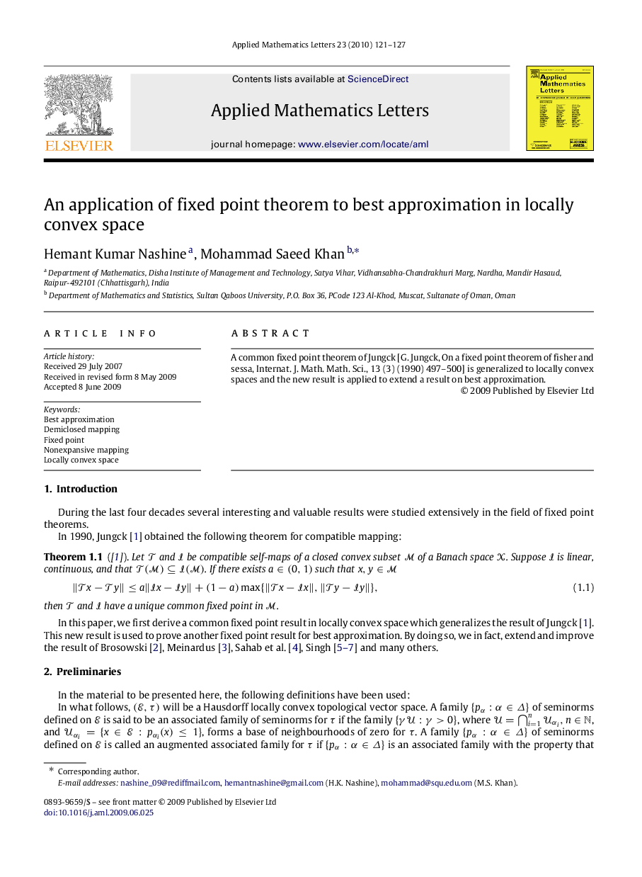 An application of fixed point theorem to best approximation in locally convex space