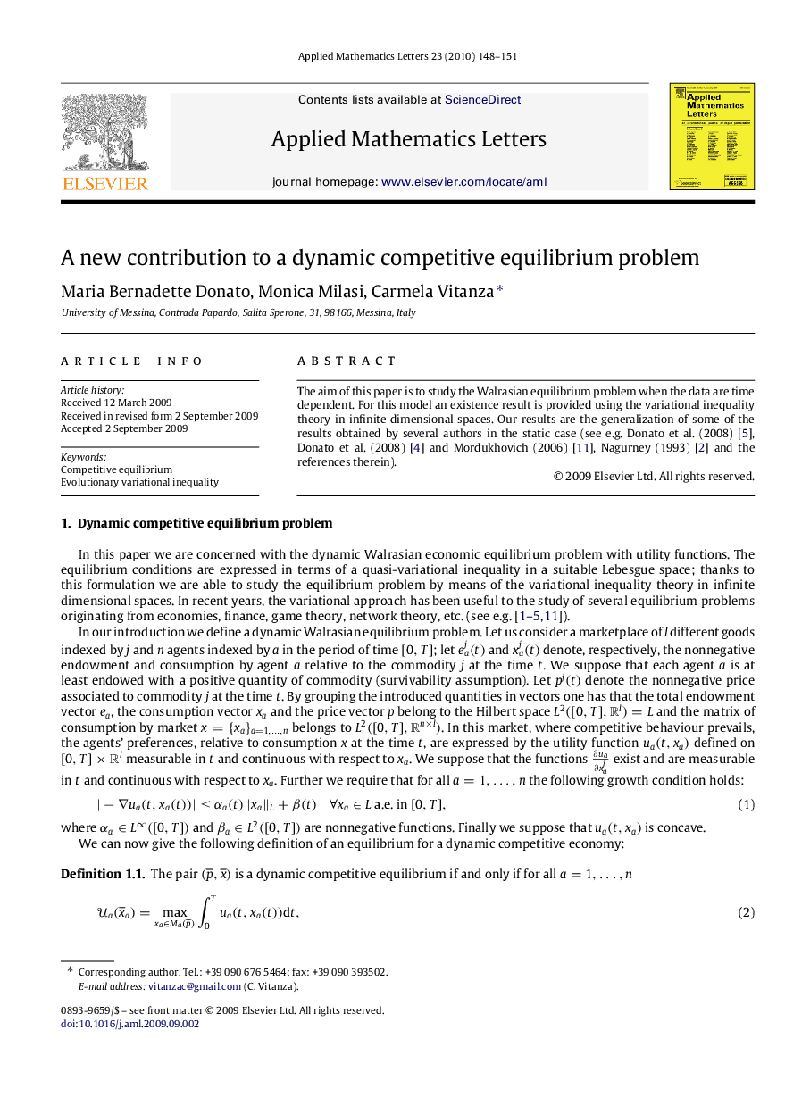 A new contribution to a dynamic competitive equilibrium problem