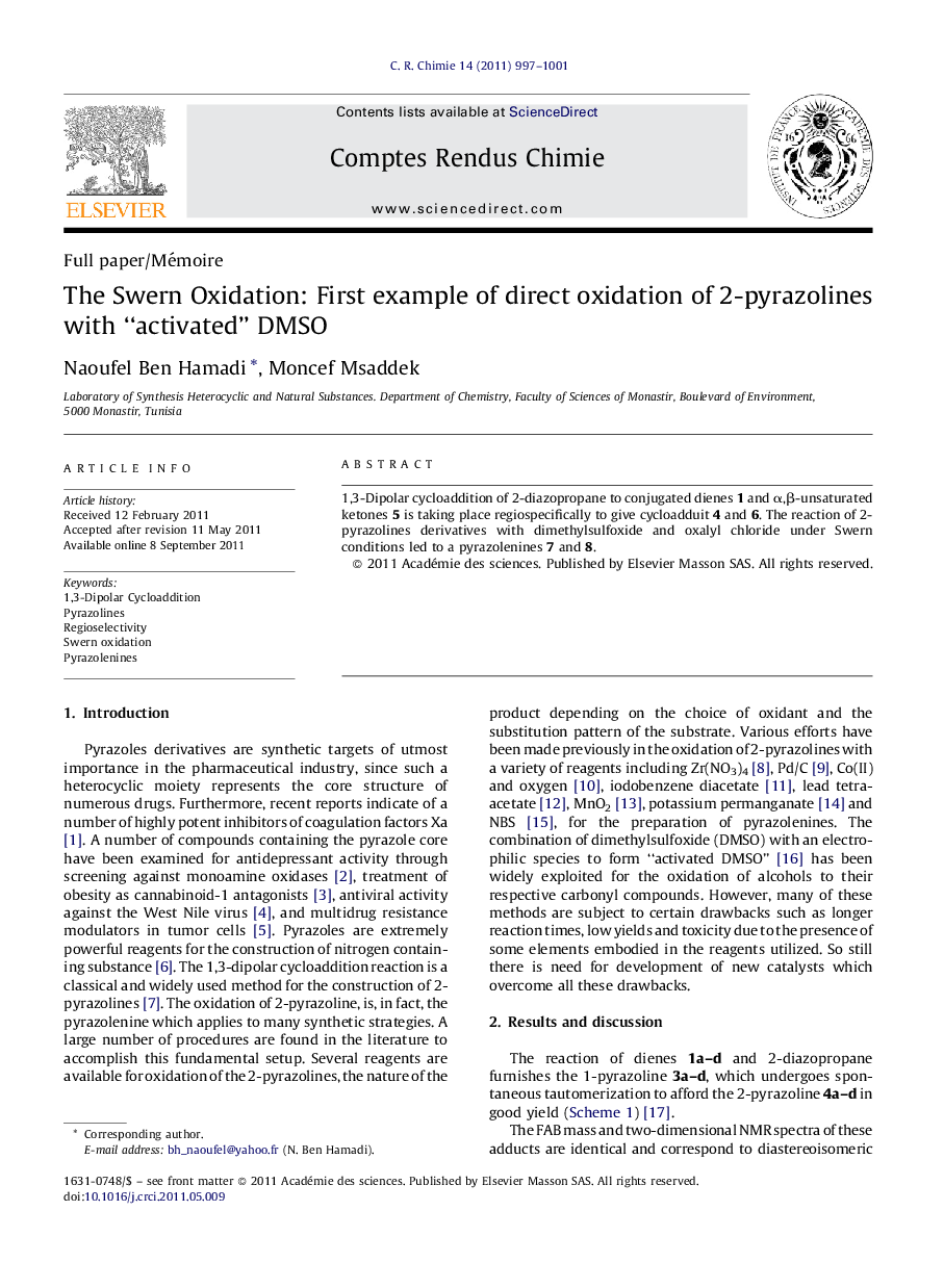 The Swern Oxidation: First example of direct oxidation of 2-pyrazolines with “activated” DMSO