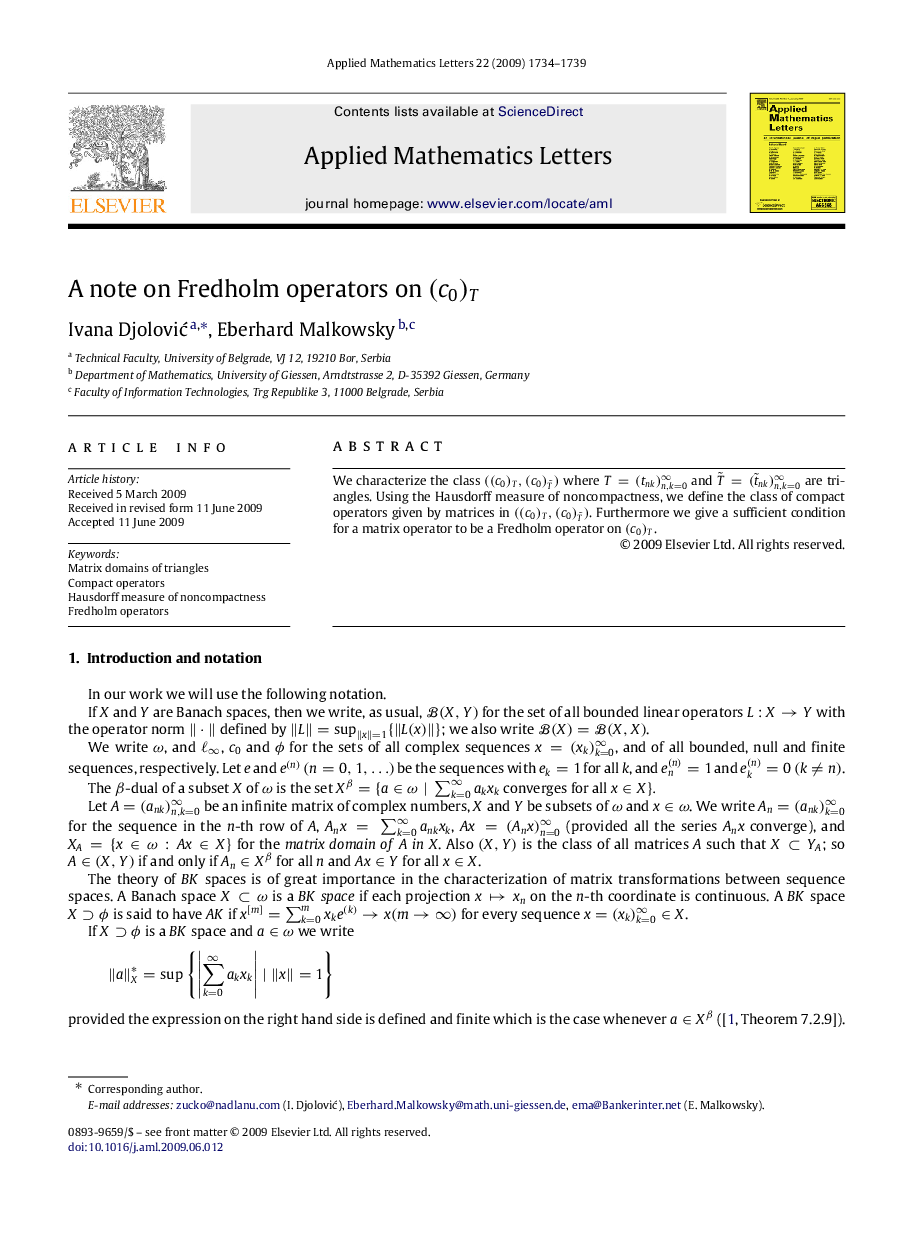 A note on Fredholm operators on (c0)T(c0)T