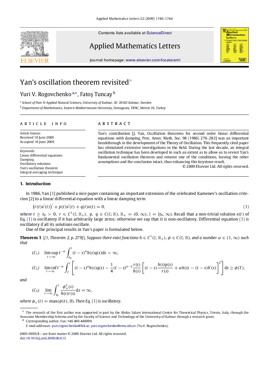 Yan’s oscillation theorem revisited 