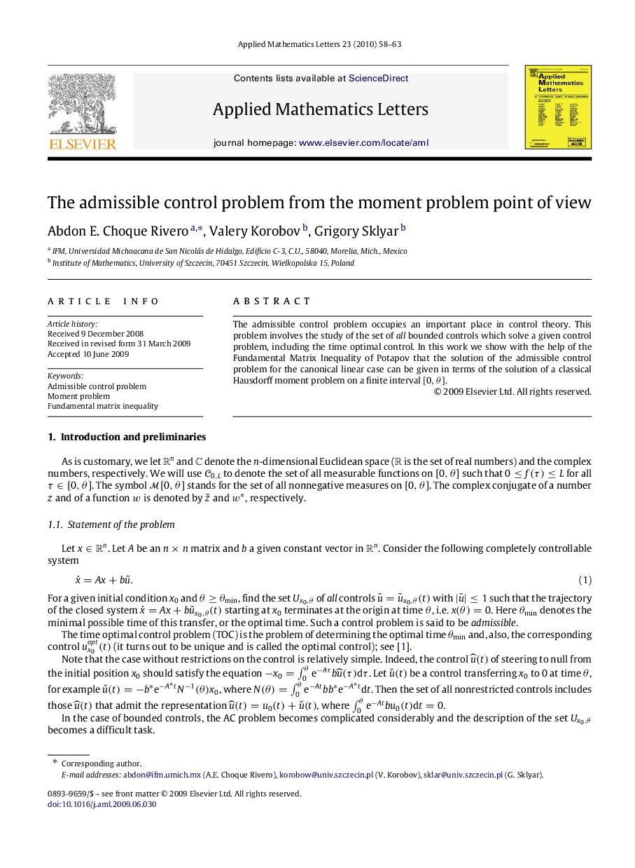 The admissible control problem from the moment problem point of view