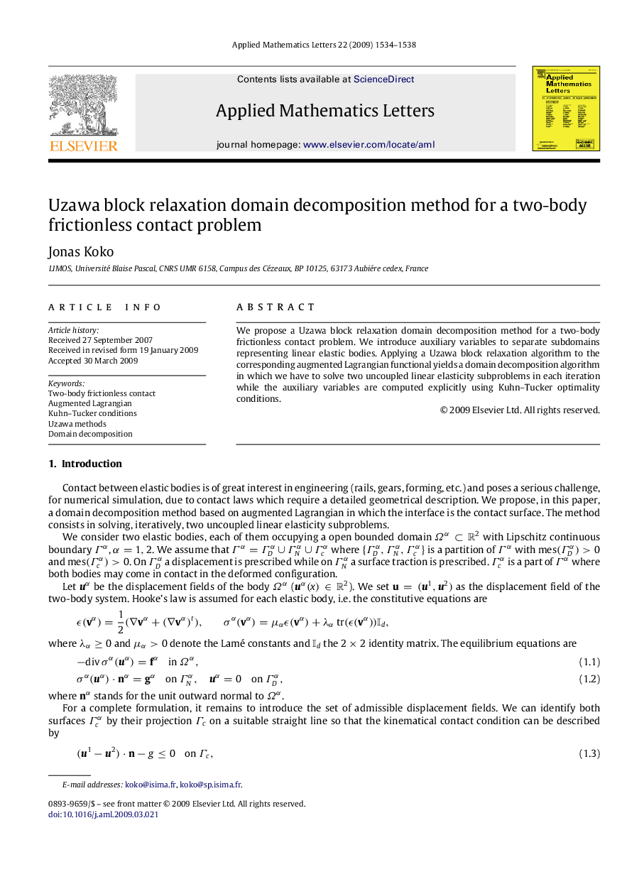 Uzawa block relaxation domain decomposition method for a two-body frictionless contact problem