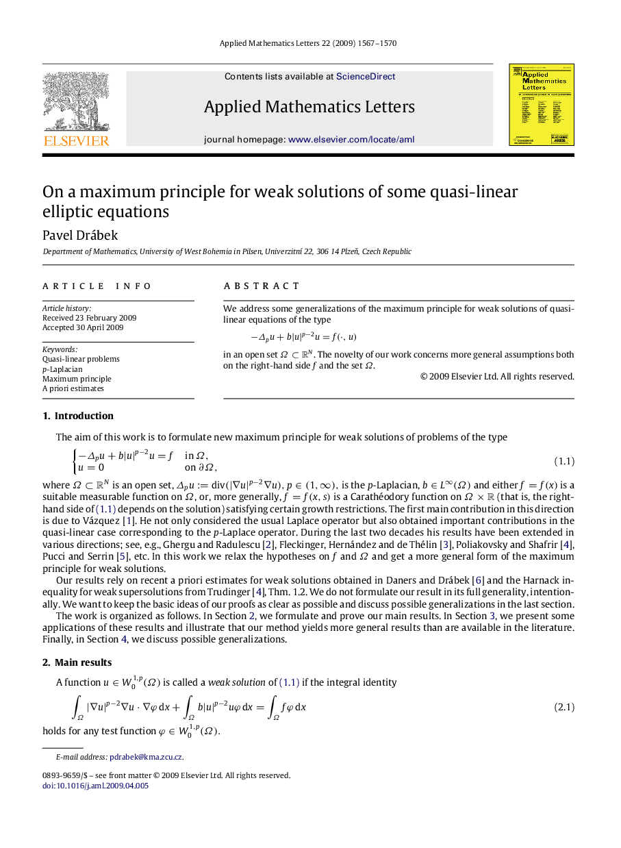 On a maximum principle for weak solutions of some quasi-linear elliptic equations