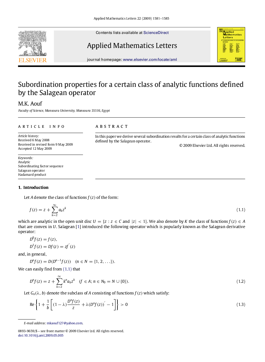 Subordination properties for a certain class of analytic functions defined by the Salagean operator