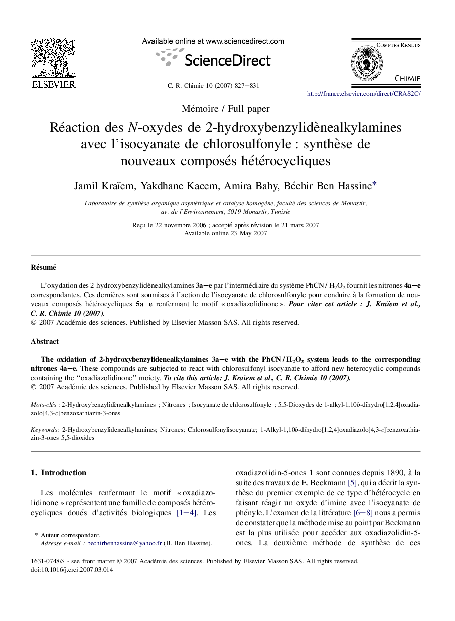 Réaction des N-oxydes de 2-hydroxybenzylidènealkylamines avec l'isocyanate de chlorosulfonyle : synthèse de nouveaux composés hétérocycliques