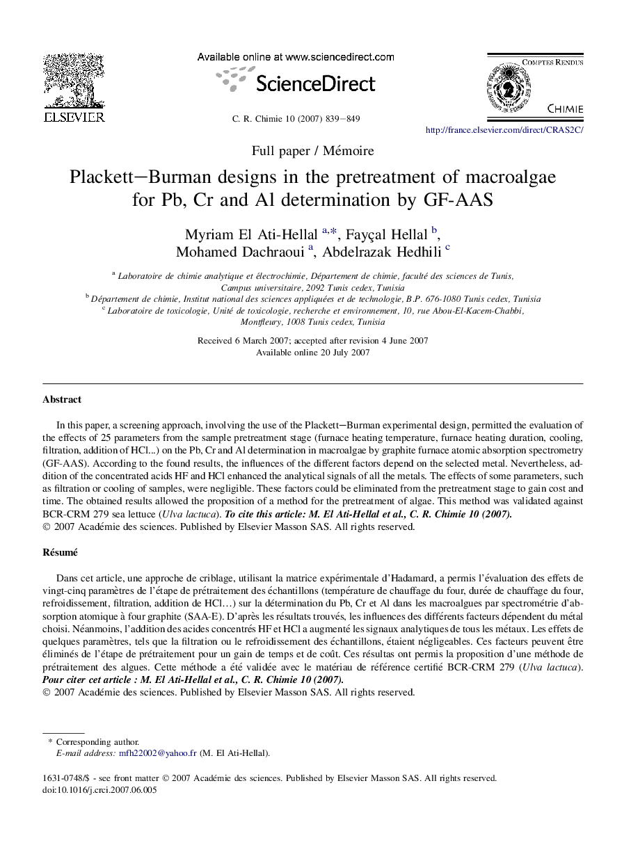 Plackett–Burman designs in the pretreatment of macroalgae for Pb, Cr and Al determination by GF-AAS