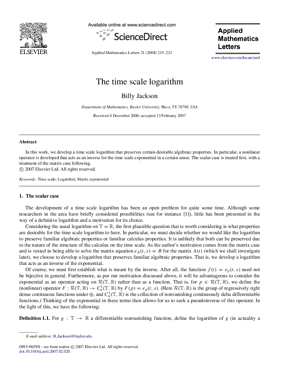 The time scale logarithm