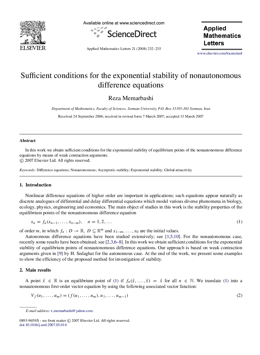 Sufficient conditions for the exponential stability of nonautonomous difference equations