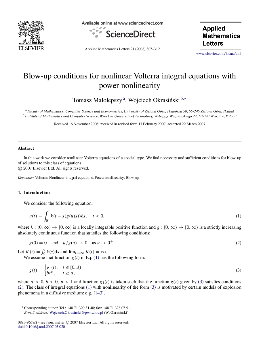 Blow-up conditions for nonlinear Volterra integral equations with power nonlinearity