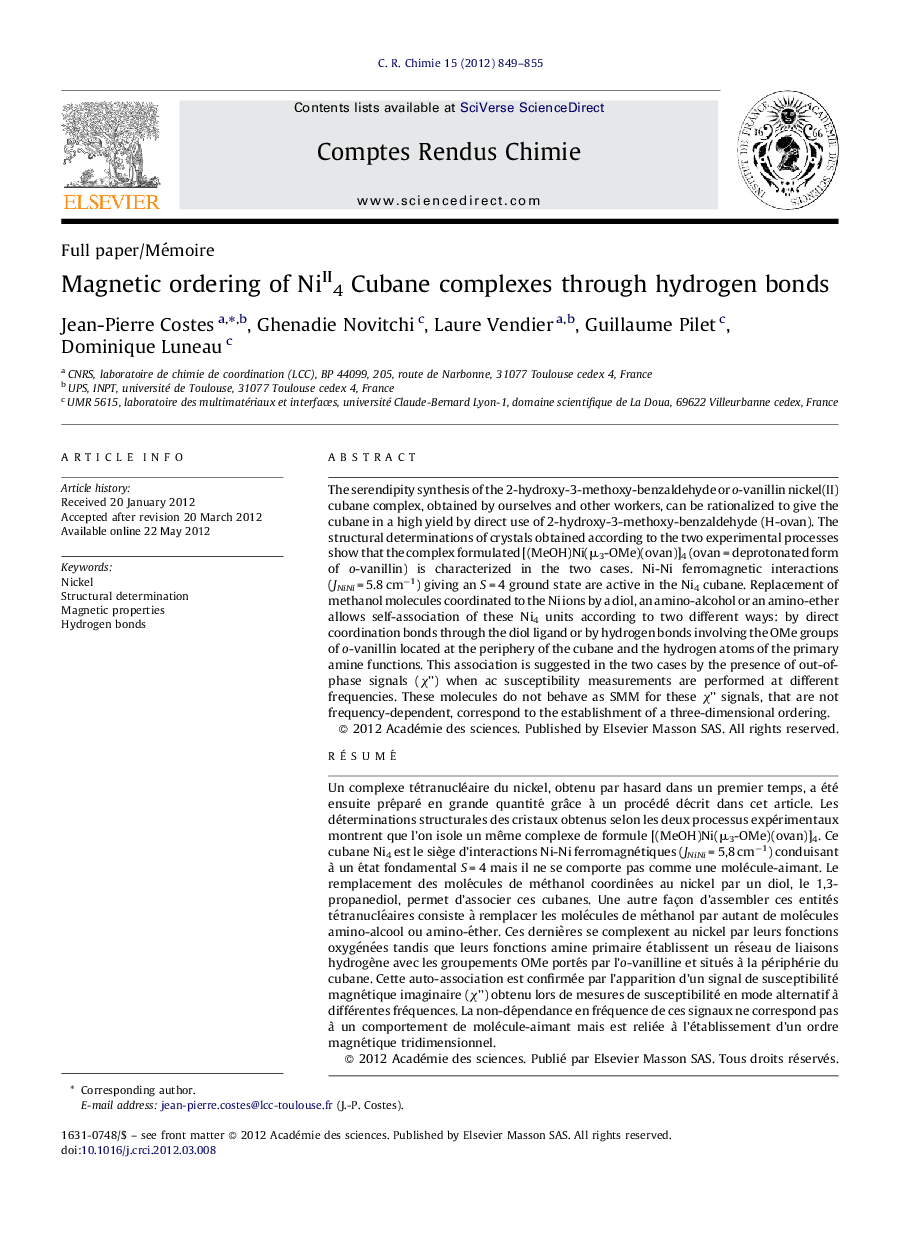 Magnetic ordering of NiII4 Cubane complexes through hydrogen bonds