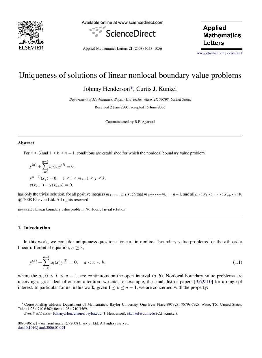 Uniqueness of solutions of linear nonlocal boundary value problems