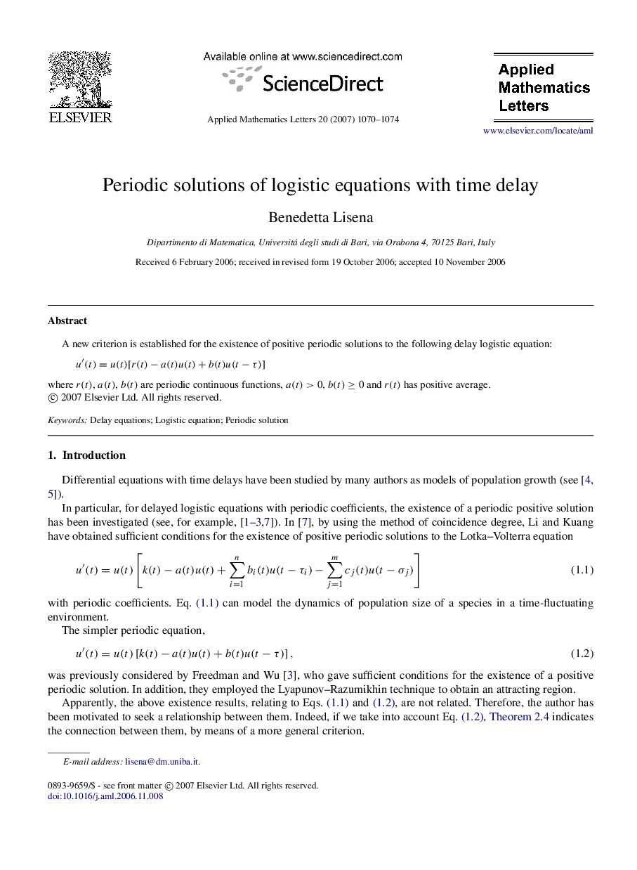 Periodic solutions of logistic equations with time delay