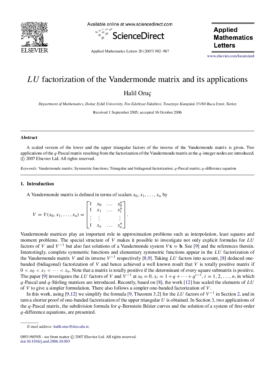 LULU factorization of the Vandermonde matrix and its applications