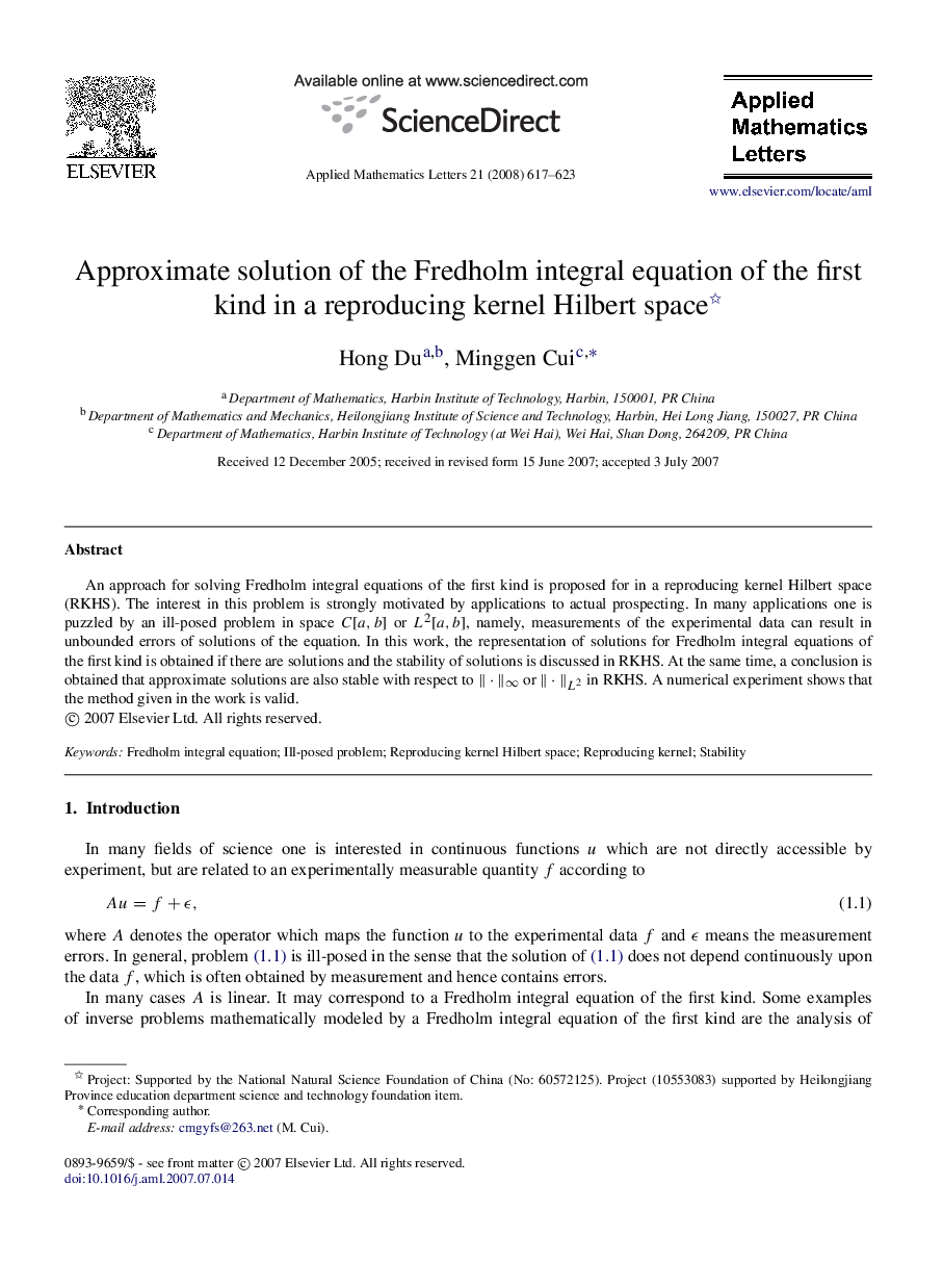 Approximate solution of the Fredholm integral equation of the first kind in a reproducing kernel Hilbert space 