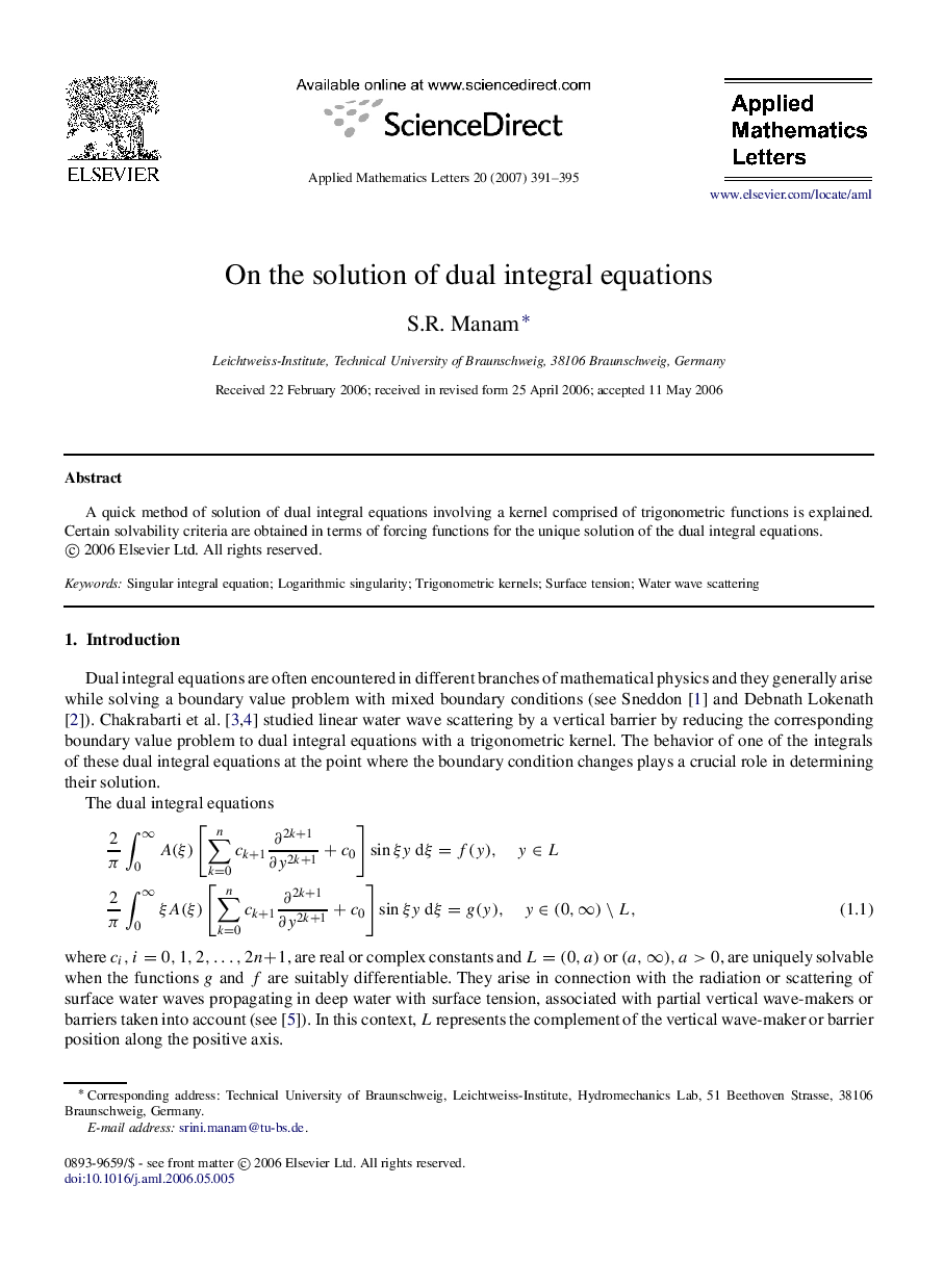 On the solution of dual integral equations