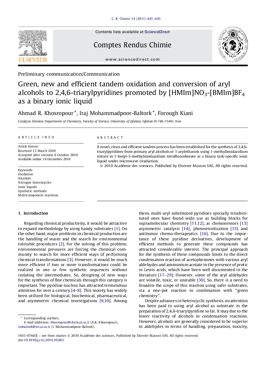 Green, new and efficient tandem oxidation and conversion of aryl alcohols to 2,4,6-triarylpyridines promoted by [HMIm]NO3-[BMIm]BF4 as a binary ionic liquid